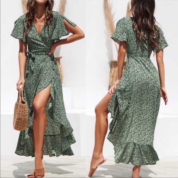Dresses & Skirts - 2 Left! Green Floral Wrap Maxi Boho Chiffon Dress